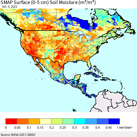 North America SMAP Surface (0-5 cm) Soil Moisture (m³/m³) Thematic Map For 10/1/2022 - 10/5/2022