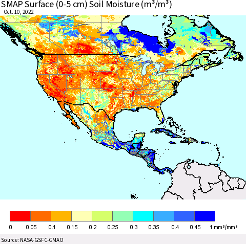 North America SMAP Surface (0-5 cm) Soil Moisture (m³/m³) Thematic Map For 10/6/2022 - 10/10/2022