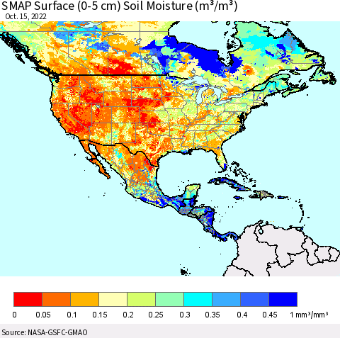 North America SMAP Surface (0-5 cm) Soil Moisture (m³/m³) Thematic Map For 10/11/2022 - 10/15/2022