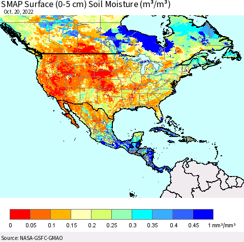 North America SMAP Surface (0-5 cm) Soil Moisture (m³/m³) Thematic Map For 10/16/2022 - 10/20/2022