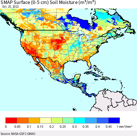 North America SMAP Surface (0-5 cm) Soil Moisture (m³/m³) Thematic Map For 10/21/2022 - 10/25/2022