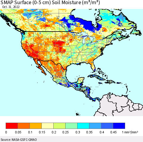 North America SMAP Surface (0-5 cm) Soil Moisture (m³/m³) Thematic Map For 10/26/2022 - 10/31/2022