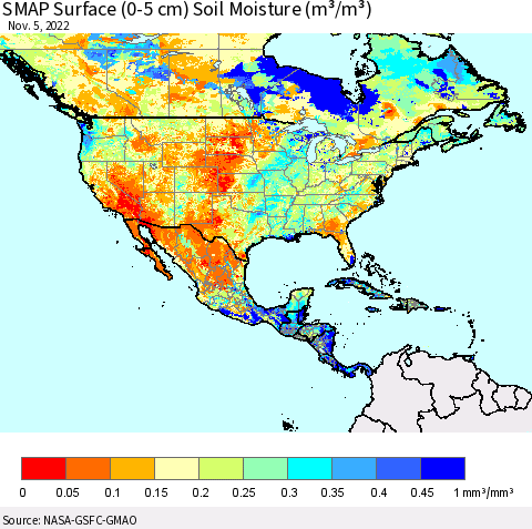 North America SMAP Surface (0-5 cm) Soil Moisture (m³/m³) Thematic Map For 11/1/2022 - 11/5/2022