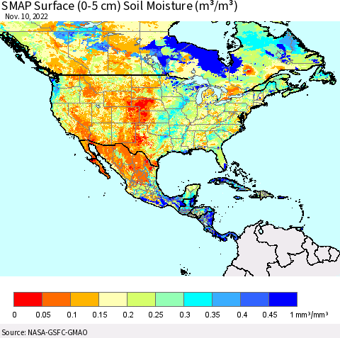 North America SMAP Surface (0-5 cm) Soil Moisture (m³/m³) Thematic Map For 11/6/2022 - 11/10/2022