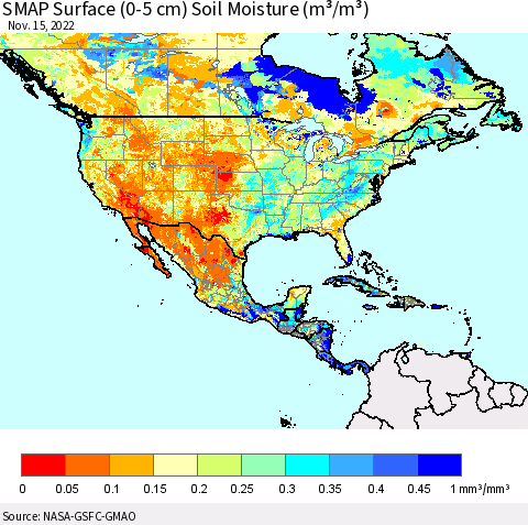 North America SMAP Surface (0-5 cm) Soil Moisture (m³/m³) Thematic Map For 11/11/2022 - 11/15/2022