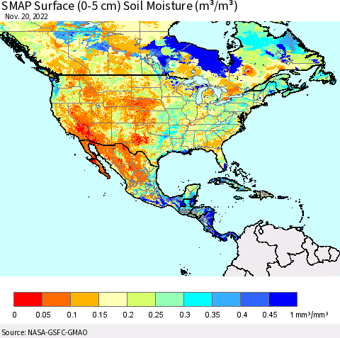 North America SMAP Surface (0-5 cm) Soil Moisture (m³/m³) Thematic Map For 11/16/2022 - 11/20/2022