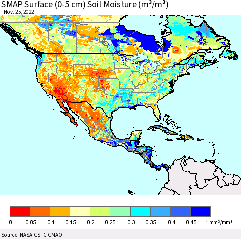 North America SMAP Surface (0-5 cm) Soil Moisture (m³/m³) Thematic Map For 11/21/2022 - 11/25/2022
