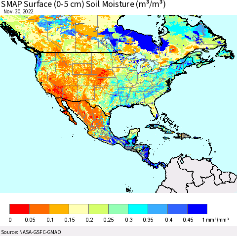 North America SMAP Surface (0-5 cm) Soil Moisture (m³/m³) Thematic Map For 11/26/2022 - 11/30/2022