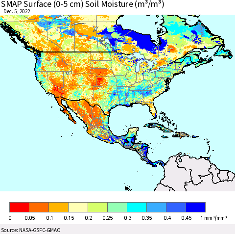 North America SMAP Surface (0-5 cm) Soil Moisture (m³/m³) Thematic Map For 12/1/2022 - 12/5/2022