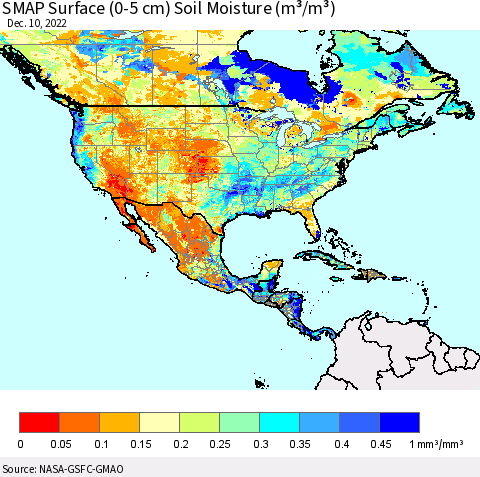 North America SMAP Surface (0-5 cm) Soil Moisture (m³/m³) Thematic Map For 12/6/2022 - 12/10/2022
