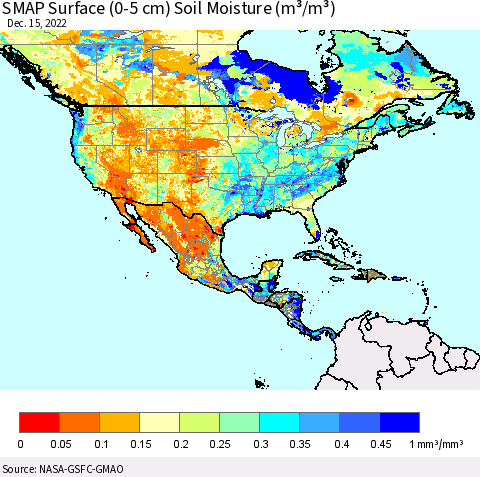 North America SMAP Surface (0-5 cm) Soil Moisture (m³/m³) Thematic Map For 12/11/2022 - 12/15/2022