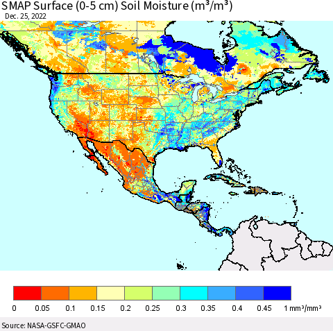 North America SMAP Surface (0-5 cm) Soil Moisture (m³/m³) Thematic Map For 12/21/2022 - 12/25/2022