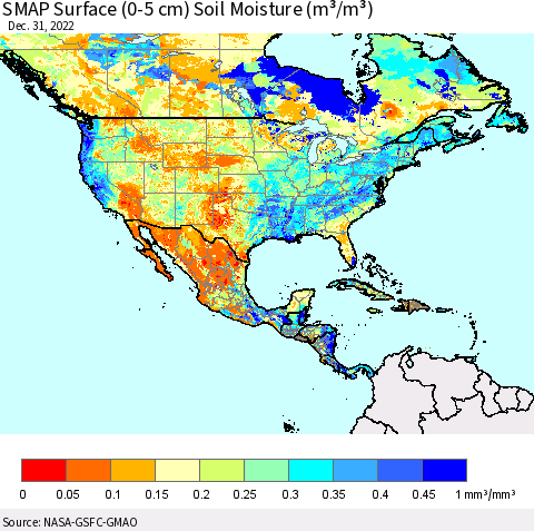 North America SMAP Surface (0-5 cm) Soil Moisture (m³/m³) Thematic Map For 12/26/2022 - 12/31/2022