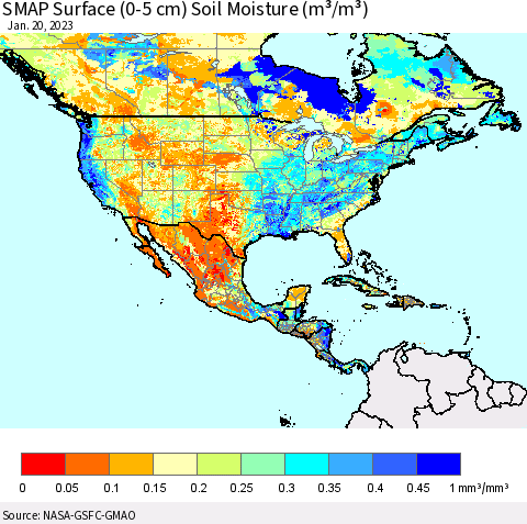 North America SMAP Surface (0-5 cm) Soil Moisture (m³/m³) Thematic Map For 1/16/2023 - 1/20/2023