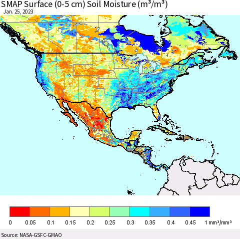 North America SMAP Surface (0-5 cm) Soil Moisture (m³/m³) Thematic Map For 1/21/2023 - 1/25/2023