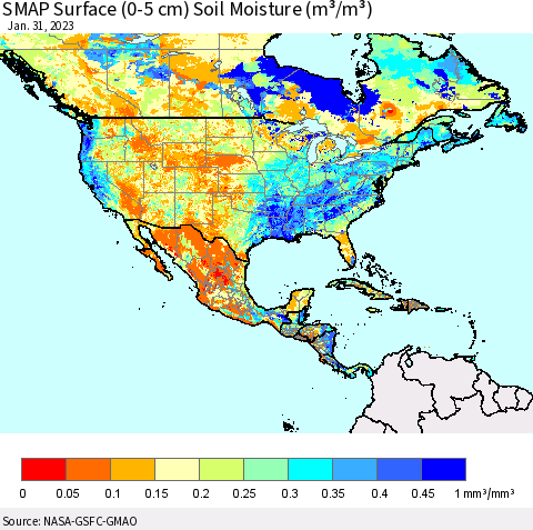 North America SMAP Surface (0-5 cm) Soil Moisture (m³/m³) Thematic Map For 1/26/2023 - 1/31/2023