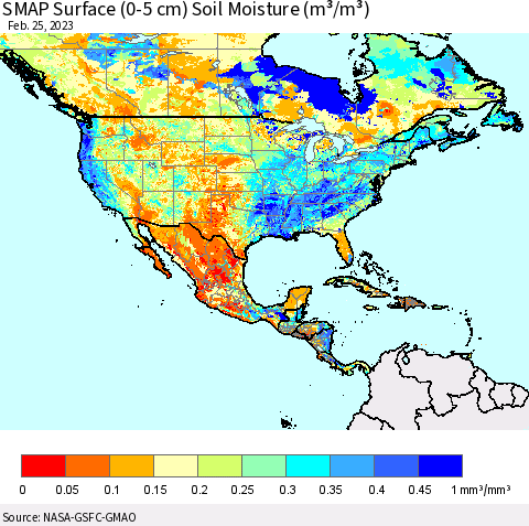 North America SMAP Surface (0-5 cm) Soil Moisture (m³/m³) Thematic Map For 2/21/2023 - 2/25/2023