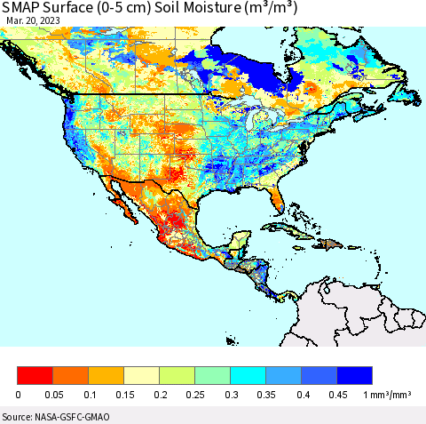 North America SMAP Surface (0-5 cm) Soil Moisture (m³/m³) Thematic Map For 3/16/2023 - 3/20/2023