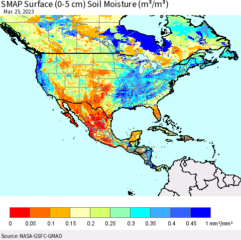North America SMAP Surface (0-5 cm) Soil Moisture (m³/m³) Thematic Map For 3/21/2023 - 3/25/2023