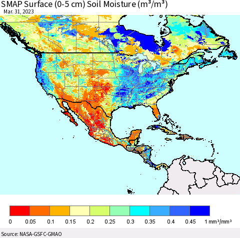 North America SMAP Surface (0-5 cm) Soil Moisture (m³/m³) Thematic Map For 3/26/2023 - 3/31/2023