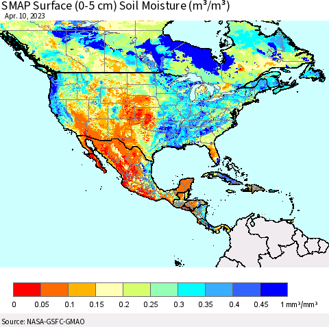 North America SMAP Surface (0-5 cm) Soil Moisture (m³/m³) Thematic Map For 4/6/2023 - 4/10/2023