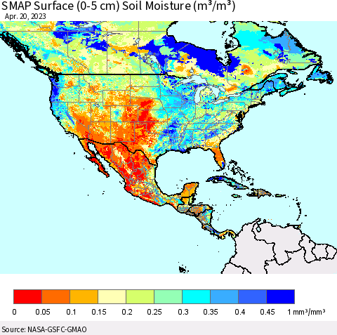 North America SMAP Surface (0-5 cm) Soil Moisture (m³/m³) Thematic Map For 4/16/2023 - 4/20/2023