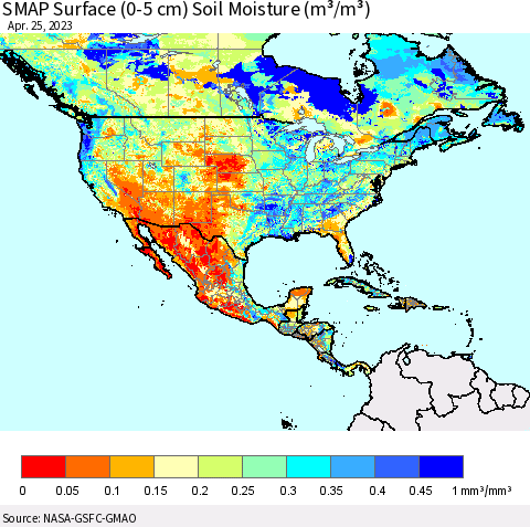 North America SMAP Surface (0-5 cm) Soil Moisture (m³/m³) Thematic Map For 4/21/2023 - 4/25/2023