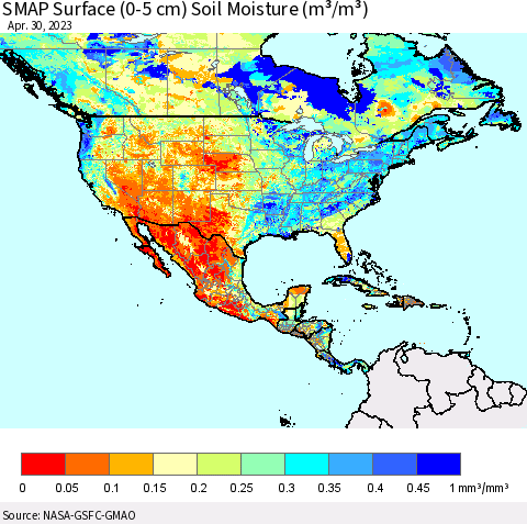 North America SMAP Surface (0-5 cm) Soil Moisture (m³/m³) Thematic Map For 4/26/2023 - 4/30/2023