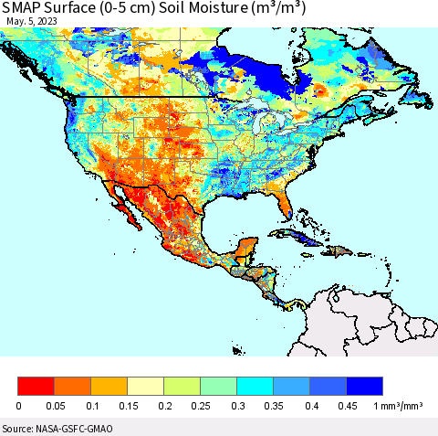 North America SMAP Surface (0-5 cm) Soil Moisture (m³/m³) Thematic Map For 5/1/2023 - 5/5/2023