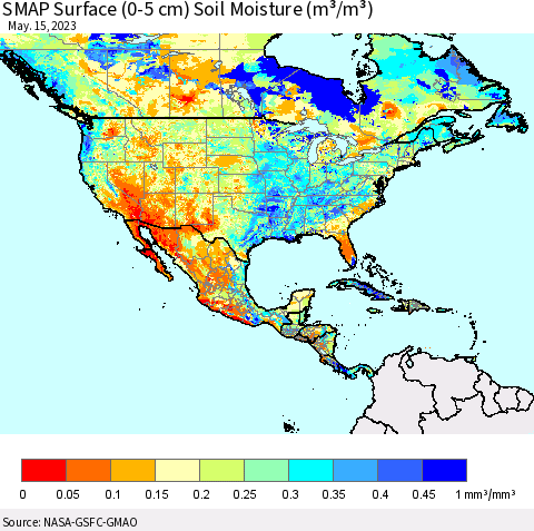 North America SMAP Surface (0-5 cm) Soil Moisture (m³/m³) Thematic Map For 5/11/2023 - 5/15/2023