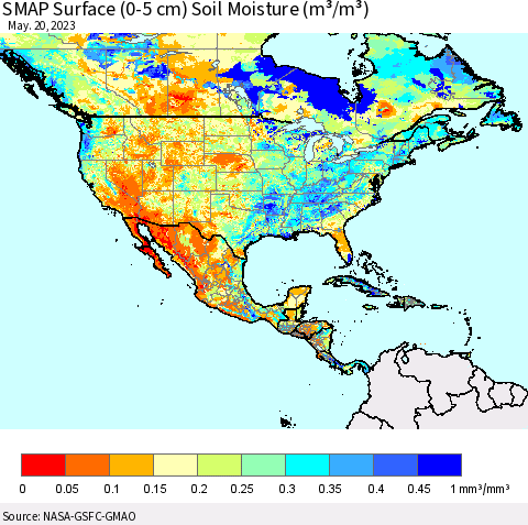 North America SMAP Surface (0-5 cm) Soil Moisture (m³/m³) Thematic Map For 5/16/2023 - 5/20/2023