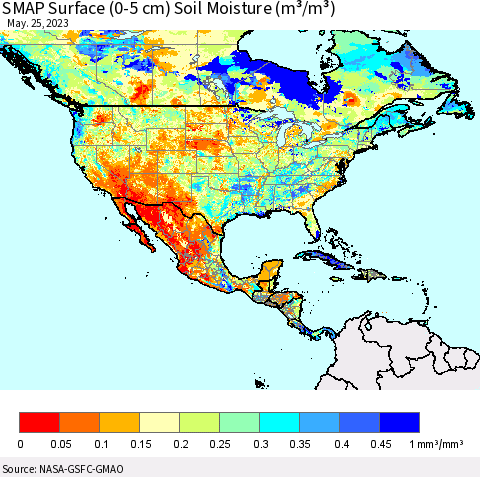 North America SMAP Surface (0-5 cm) Soil Moisture (m³/m³) Thematic Map For 5/21/2023 - 5/25/2023