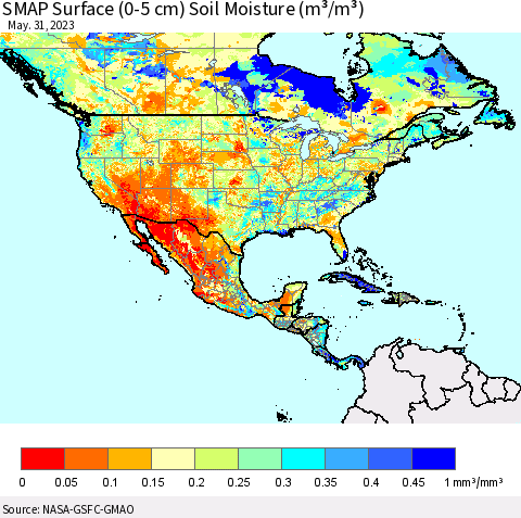 North America SMAP Surface (0-5 cm) Soil Moisture (m³/m³) Thematic Map For 5/26/2023 - 5/31/2023