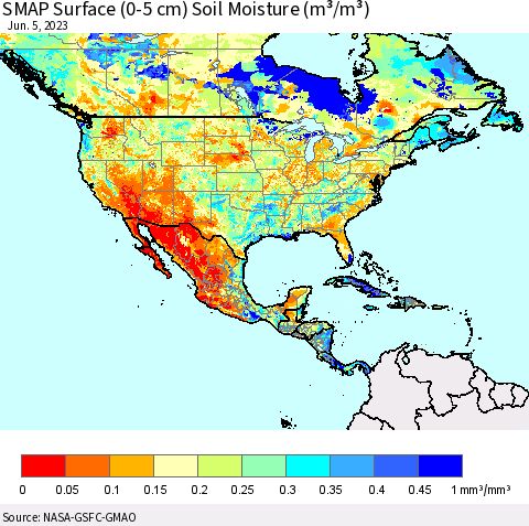 North America SMAP Surface (0-5 cm) Soil Moisture (m³/m³) Thematic Map For 6/1/2023 - 6/5/2023