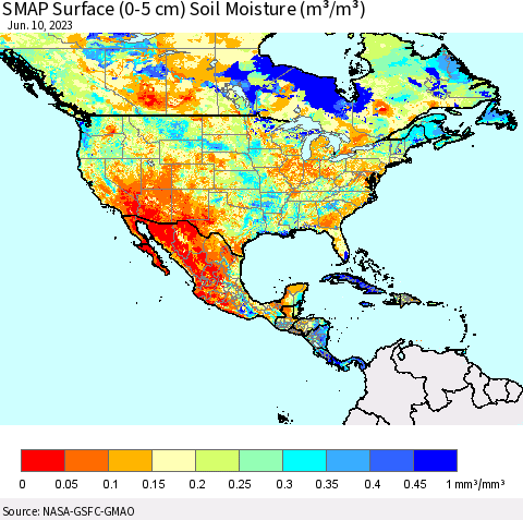 North America SMAP Surface (0-5 cm) Soil Moisture (m³/m³) Thematic Map For 6/6/2023 - 6/10/2023