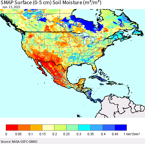 North America SMAP Surface (0-5 cm) Soil Moisture (m³/m³) Thematic Map For 6/11/2023 - 6/15/2023