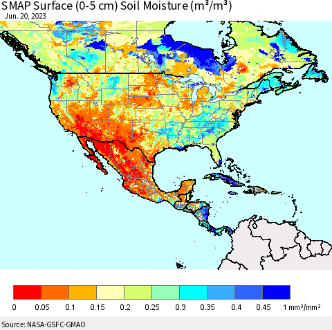 North America SMAP Surface (0-5 cm) Soil Moisture (m³/m³) Thematic Map For 6/16/2023 - 6/20/2023