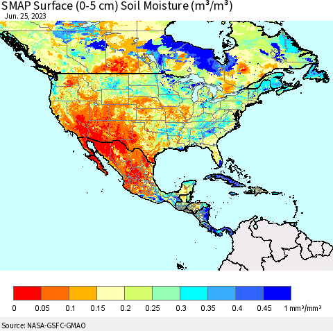 North America SMAP Surface (0-5 cm) Soil Moisture (m³/m³) Thematic Map For 6/21/2023 - 6/25/2023