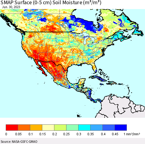 North America SMAP Surface (0-5 cm) Soil Moisture (m³/m³) Thematic Map For 6/26/2023 - 6/30/2023
