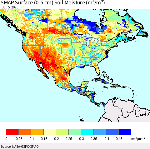North America SMAP Surface (0-5 cm) Soil Moisture (m³/m³) Thematic Map For 7/1/2023 - 7/5/2023