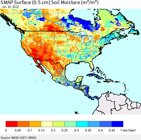 North America SMAP Surface (0-5 cm) Soil Moisture (m³/m³) Thematic Map For 7/6/2023 - 7/10/2023