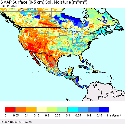 North America SMAP Surface (0-5 cm) Soil Moisture (m³/m³) Thematic Map For 7/11/2023 - 7/15/2023
