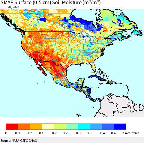 North America SMAP Surface (0-5 cm) Soil Moisture (m³/m³) Thematic Map For 7/16/2023 - 7/20/2023