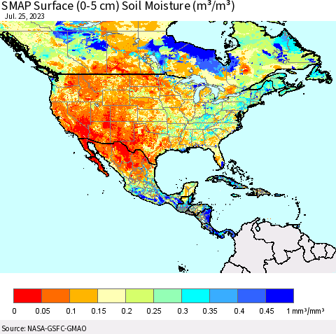 North America SMAP Surface (0-5 cm) Soil Moisture (m³/m³) Thematic Map For 7/21/2023 - 7/25/2023