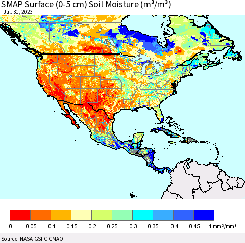 North America SMAP Surface (0-5 cm) Soil Moisture (m³/m³) Thematic Map For 7/26/2023 - 7/31/2023