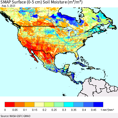 North America SMAP Surface (0-5 cm) Soil Moisture (m³/m³) Thematic Map For 8/1/2023 - 8/5/2023