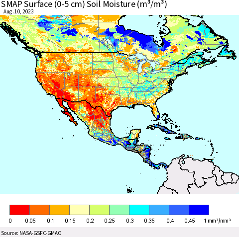 North America SMAP Surface (0-5 cm) Soil Moisture (m³/m³) Thematic Map For 8/6/2023 - 8/10/2023