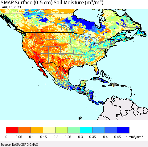 North America SMAP Surface (0-5 cm) Soil Moisture (m³/m³) Thematic Map For 8/11/2023 - 8/15/2023