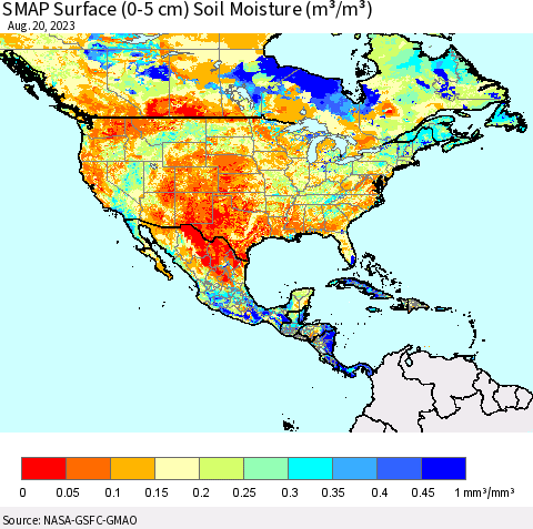 North America SMAP Surface (0-5 cm) Soil Moisture (m³/m³) Thematic Map For 8/16/2023 - 8/20/2023
