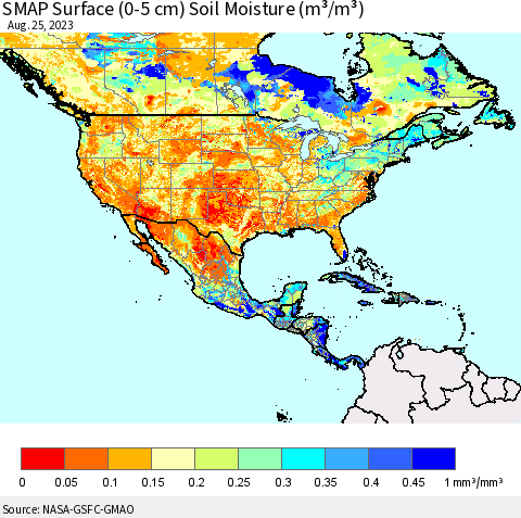 North America SMAP Surface (0-5 cm) Soil Moisture (m³/m³) Thematic Map For 8/21/2023 - 8/25/2023